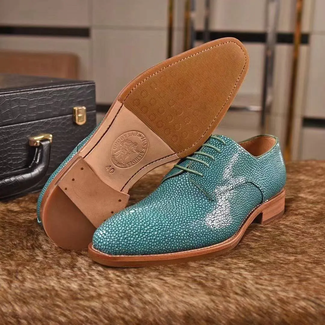 Cushioned Support Genuine Pearl Stingray Leather Mens Wingtip Formal Lace up Wedding Office Shoes Green