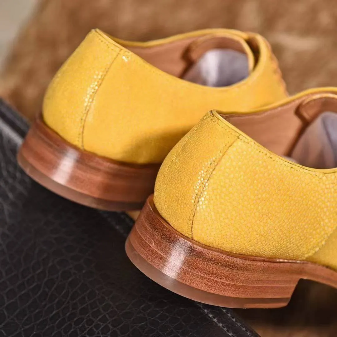 GenuinePearl Stingray Leather Mens Wingtip Formal Lace up Wedding Office Shoes Yellow Slip Resistant Sole