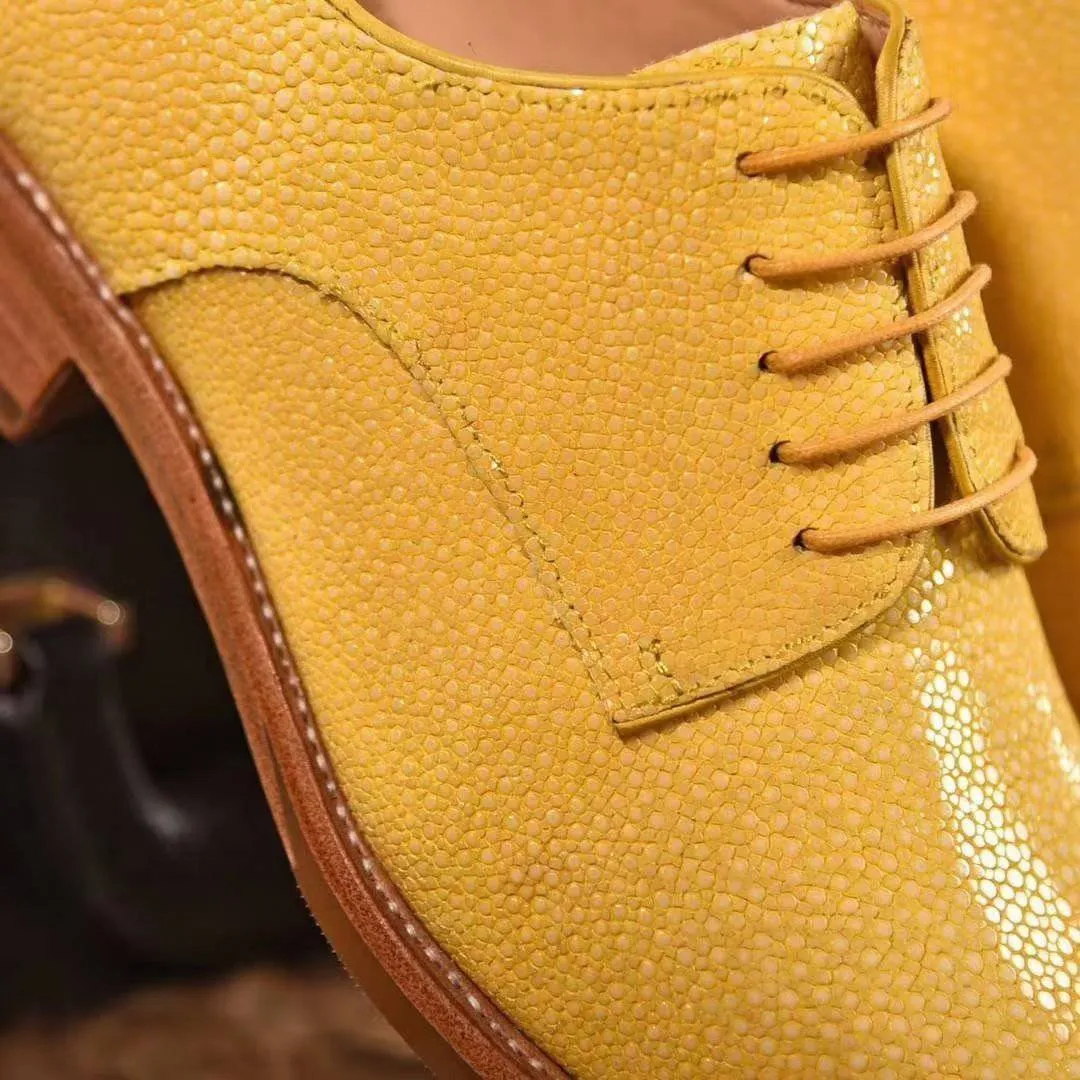 GenuinePearl Stingray Leather Mens Wingtip Formal Lace up Wedding Office Shoes Yellow Classic Style Forest Step