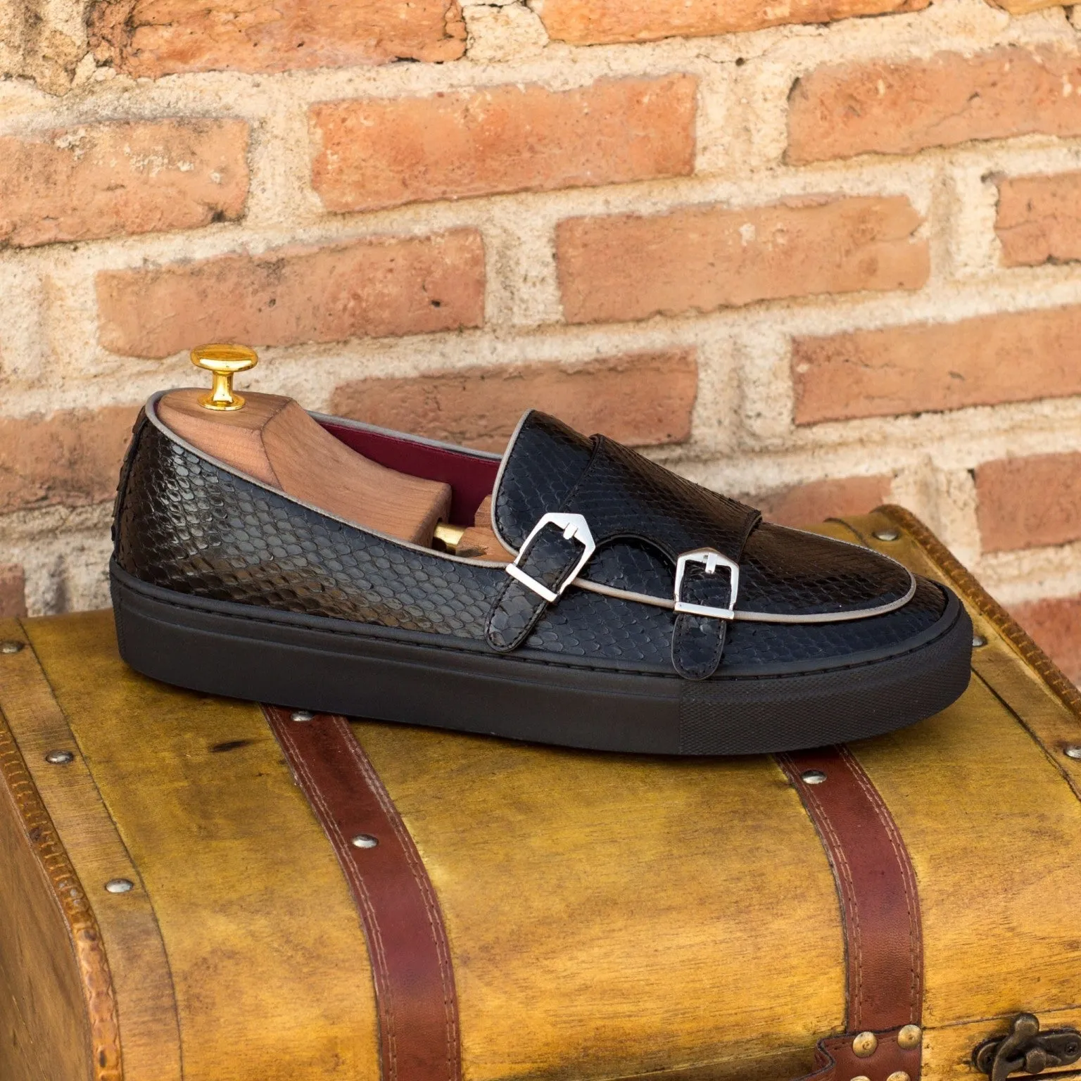 Black Python Double-Monk Sneakers Trendy