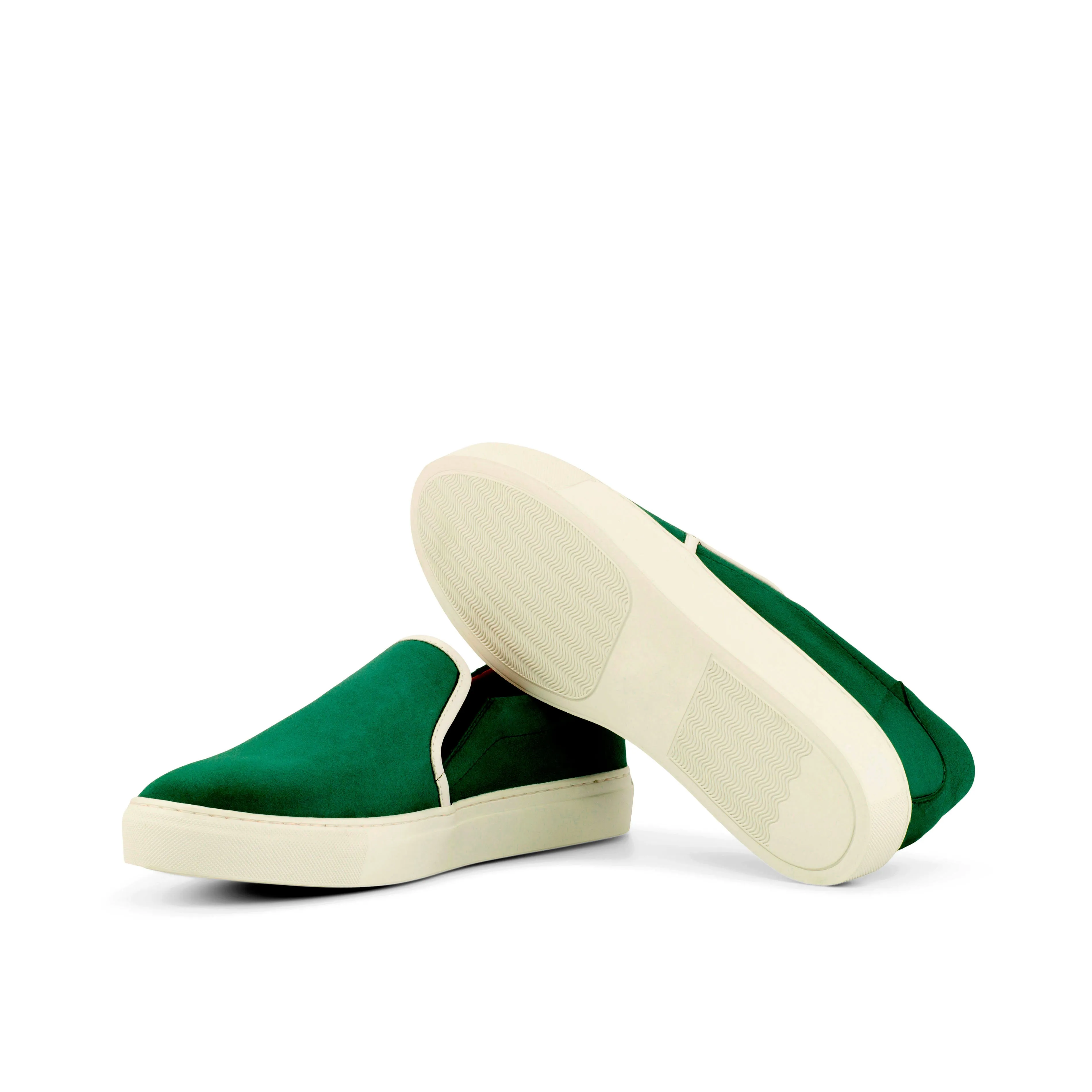 Green Suede Slip-On Sneakers running with a fitness tracker