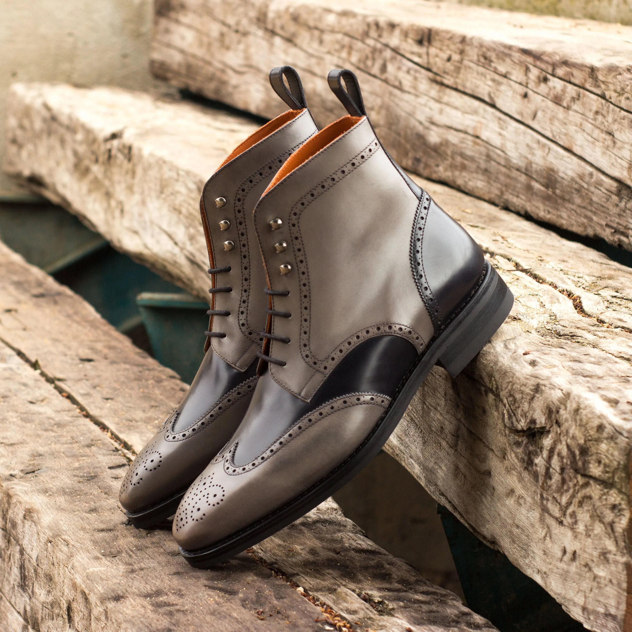 Lift Boost Grey & Black Calf Leather Brogue Boots