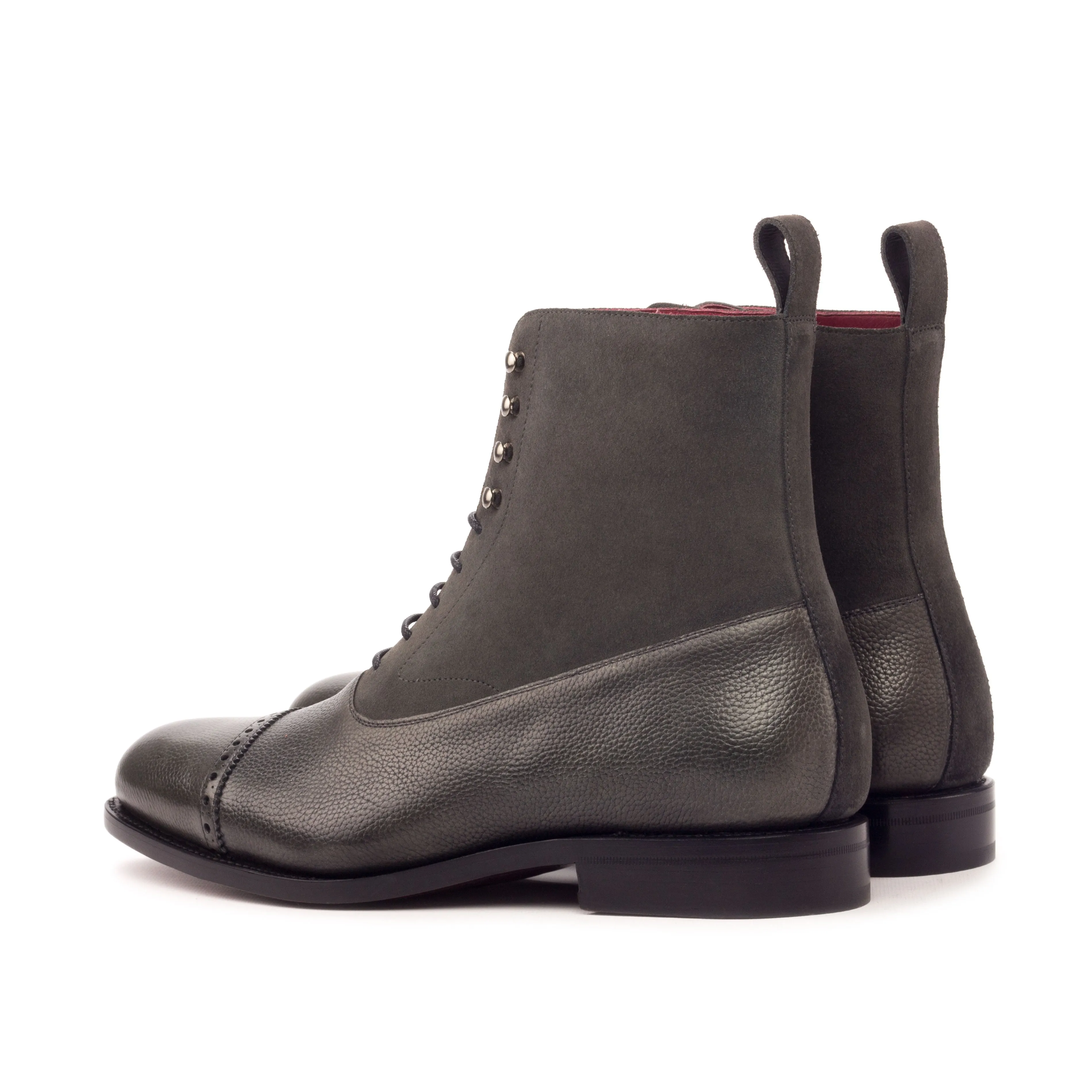 Grey Full-Grain Leather & Suede Balmoral Boots High Quality Leather