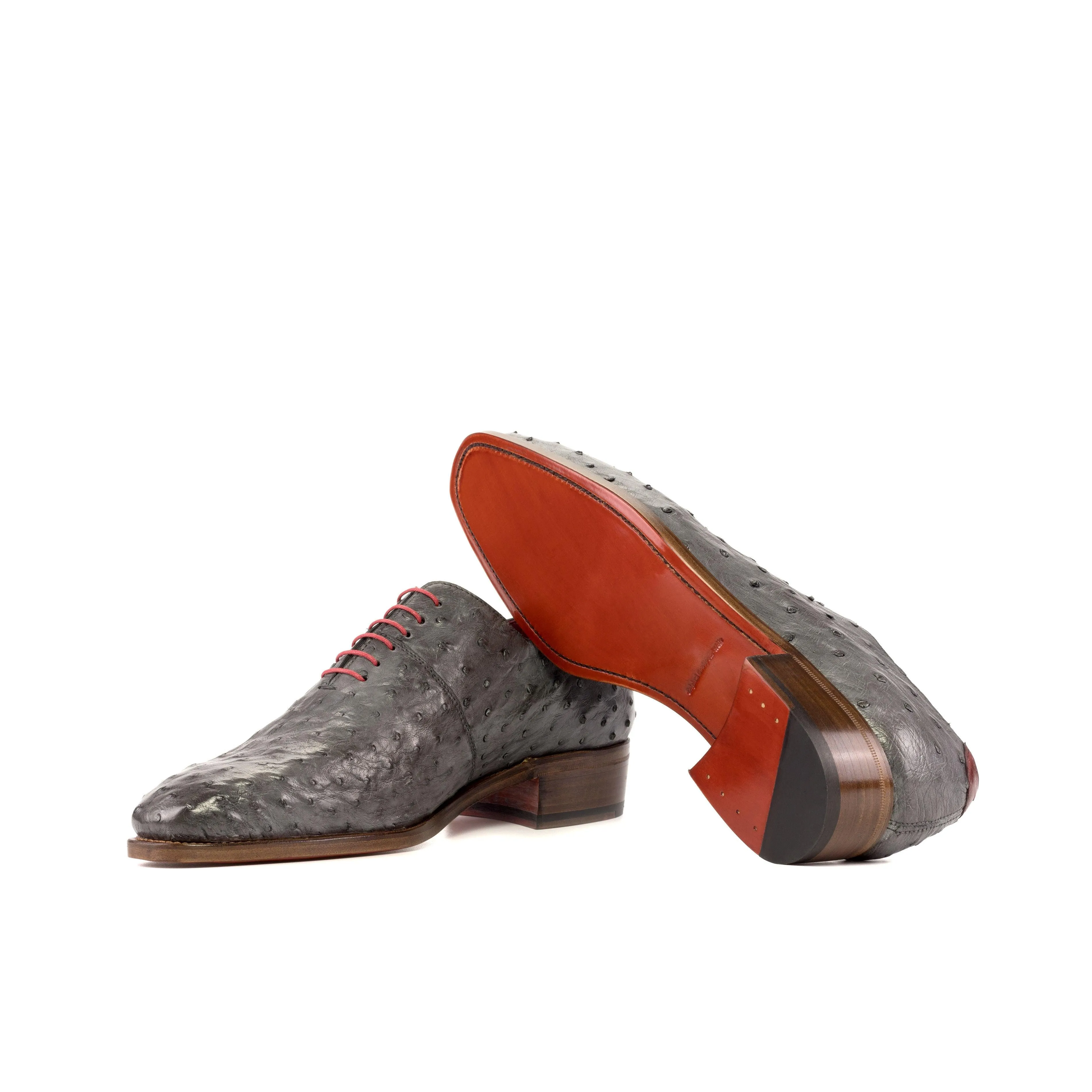 Grey Ostrich Wholecut Shoes with Cuban Heel Smooth Layers Clean Silhouette