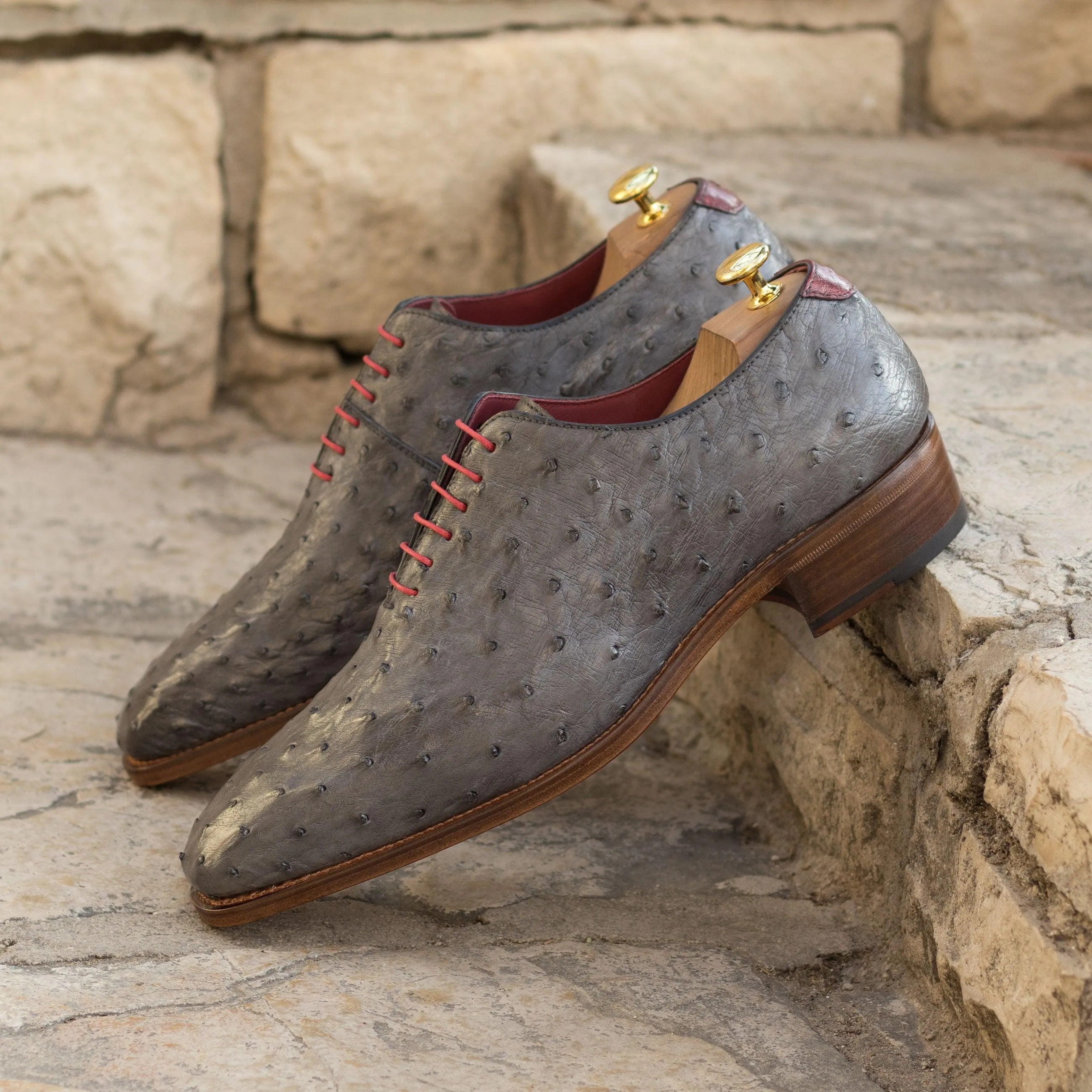 Grey Ostrich Wholecut Shoes with Cuban Heel Movement Control