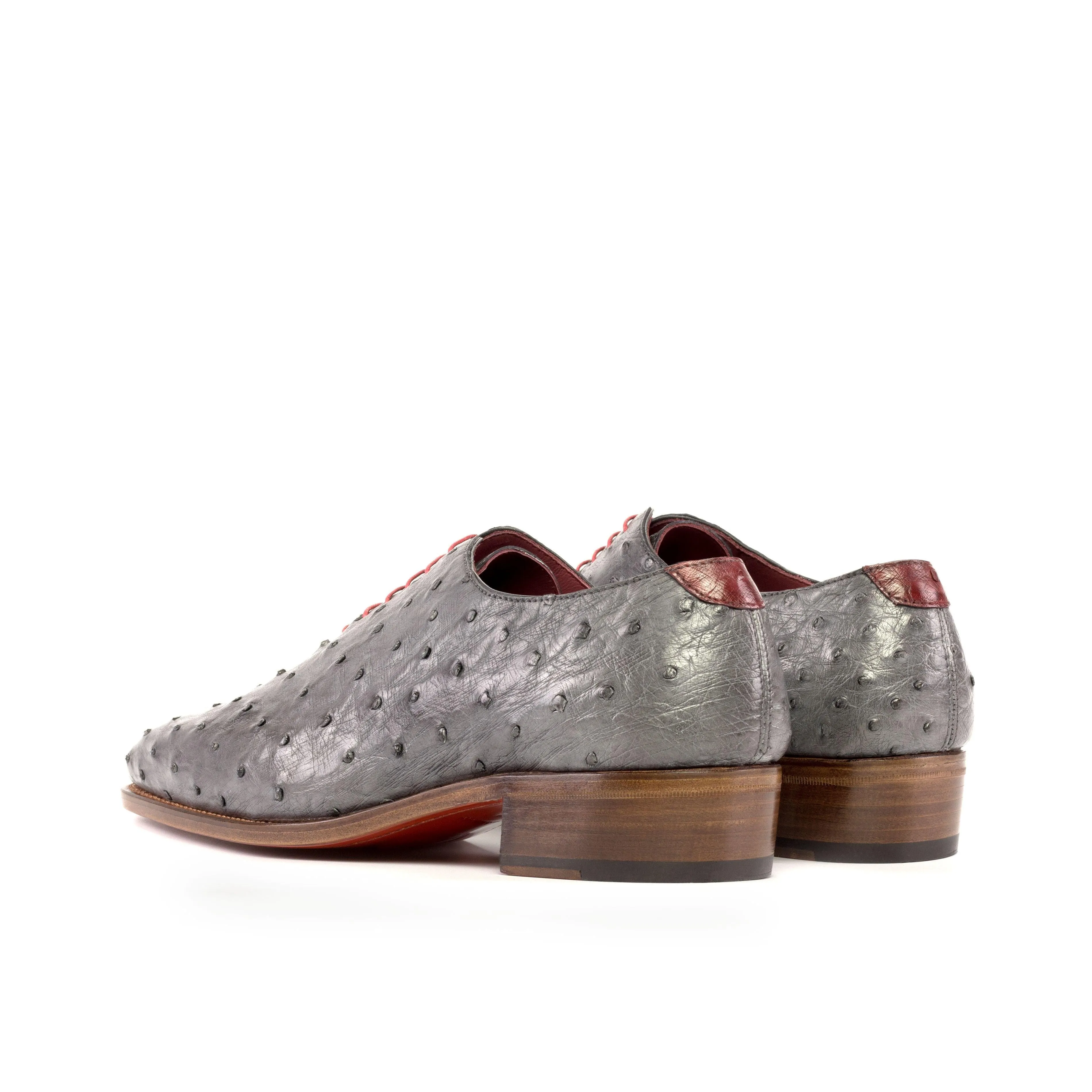 Grey Ostrich Wholecut Shoes with Cuban Heel Slim Edge Breathable Interior