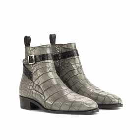 Sleek Outline Leather Cool Grey & Black Alligator Jodhpur Boot