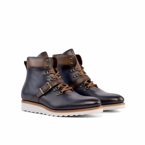 Comfort Oriented Navy & Brown Calf Hiking Wedge Boots