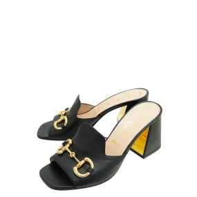 Gucci Black Horsebit Slide Block Heeled Sandals 38.5 Long Haul Simple Pair