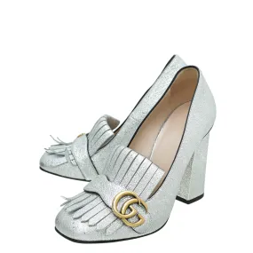 Gucci Silver Metallic Laminate GG Marmont Fringe Loafers Pumps 38 Ultra Pace Walk Gear