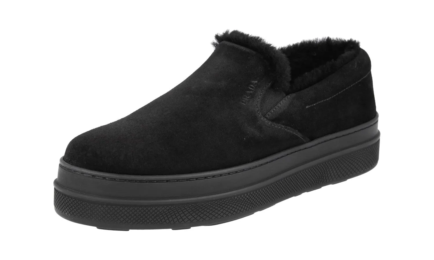 Curved Heel Counter Prada Women's Black Leather Shearling Slip-on Sneaker 1S053L