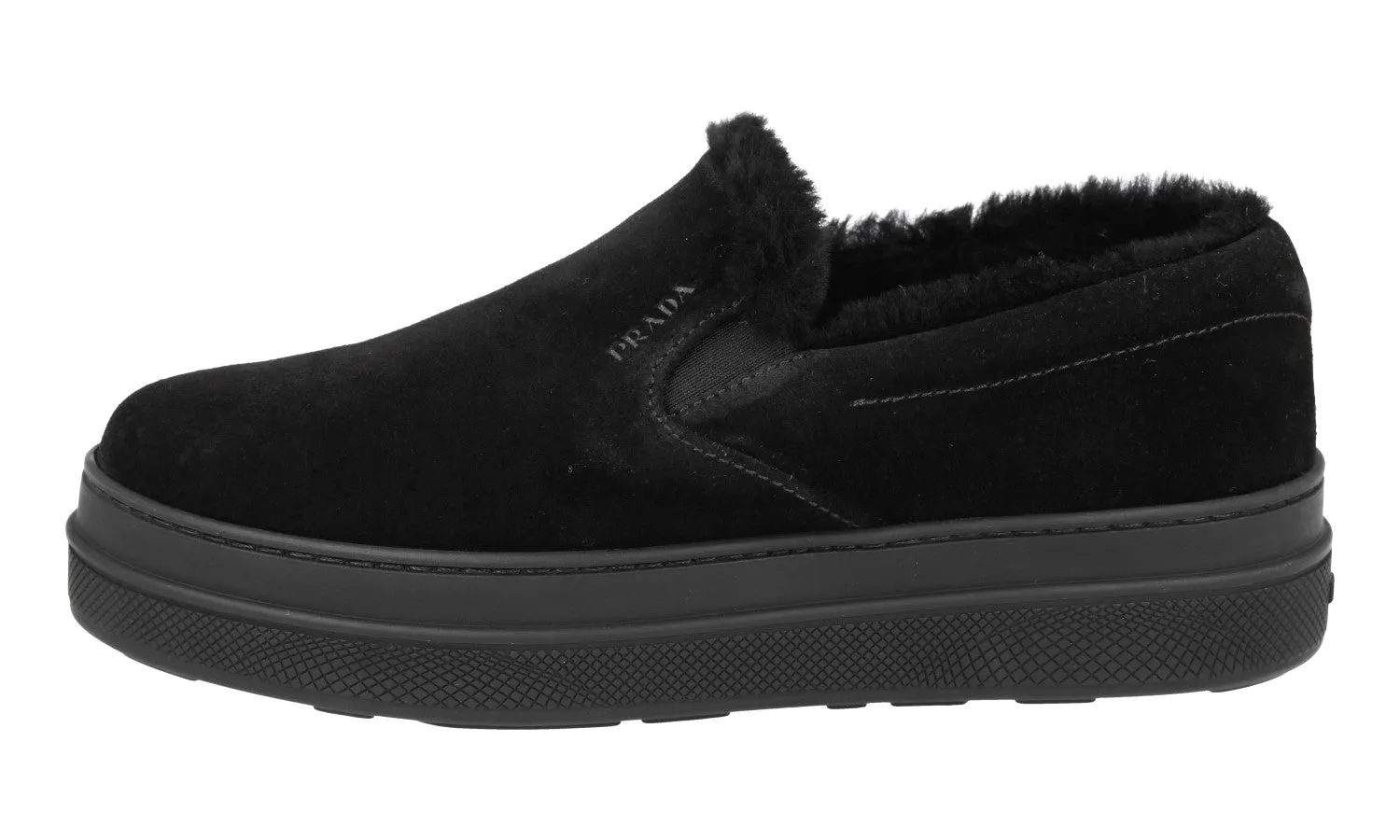 Prada Women's Black Leather Shearling Slip-on Sneaker 1S053L Comfortable Step