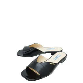 Prada Black Logo Vernice Slide Flat Sandal 36 Leg Long Comfort footbed