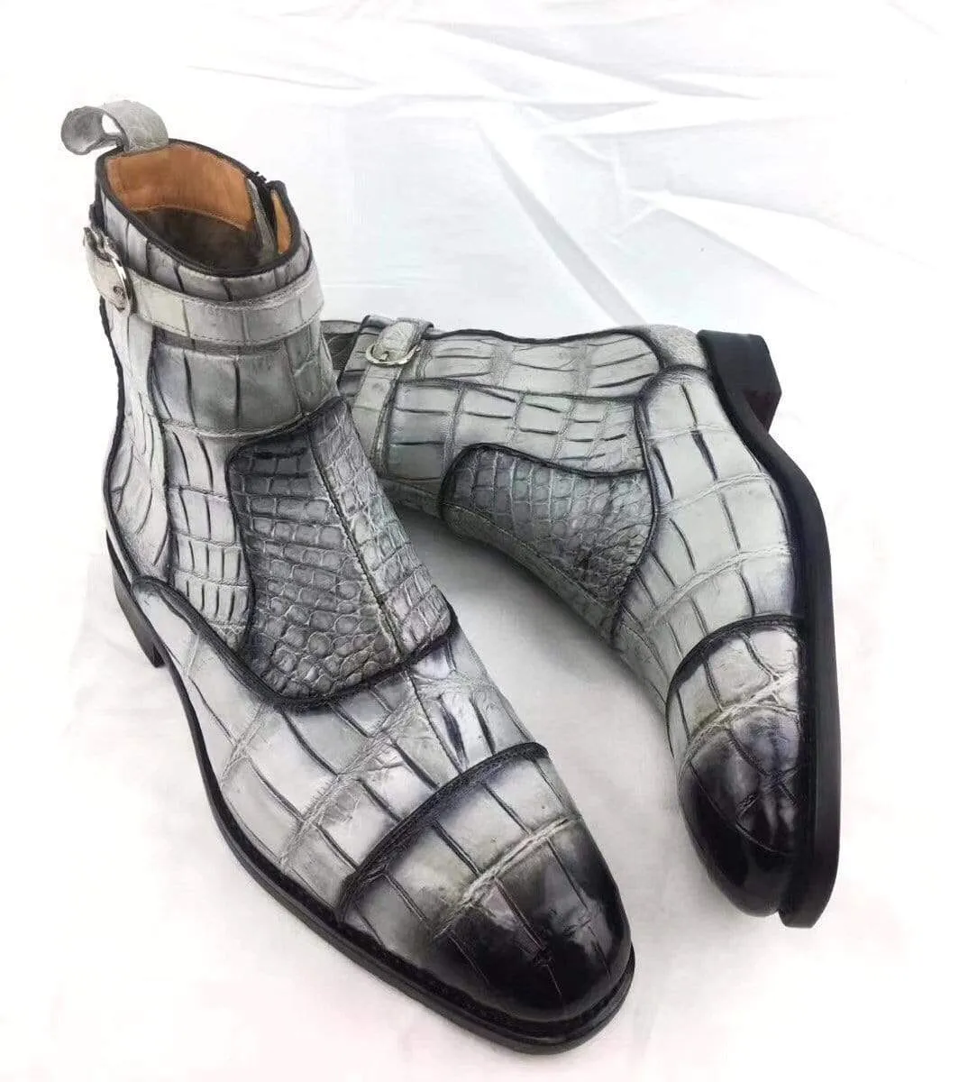 Street Glow Stylish Sole Crocodile Shoes Vintage Crocodile Belly Leather Short Booties Ankle Boots Winter Men's Martin Boots Shoes