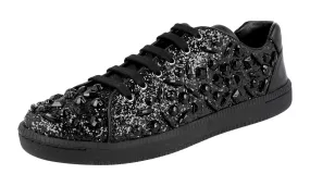 Car Shoe by Prada Women's Black Leather Sneaker KDE59M Snug Heel Lock Jogging