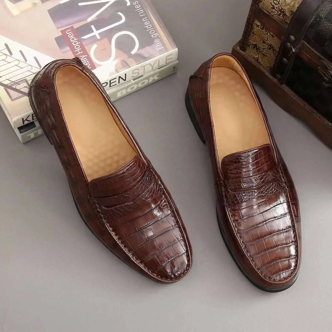 Narrow Fit Flexible Step Crocodile Shoes Men's  Crocodile Leather Slip-On Loafers