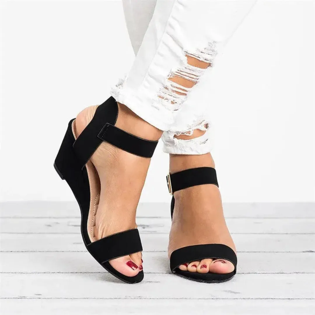 Light Style Soleil Open-Toe Buckle Strap Suede Wedge