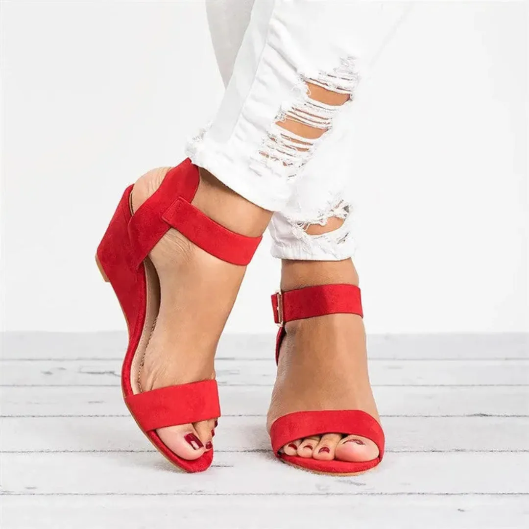 Loose Fit Slip In Soleil Open-Toe Buckle Strap Suede Wedge
