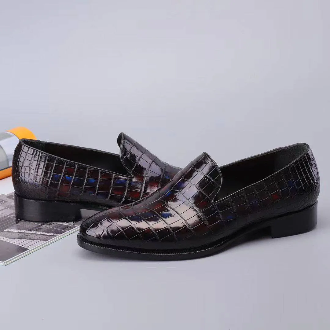 Flight Mode Crocodile Shoes Men's Slip On Loafer Shoes, Genuine Crocodile Leather Casual Dress Shoes Vintage Multi Blue