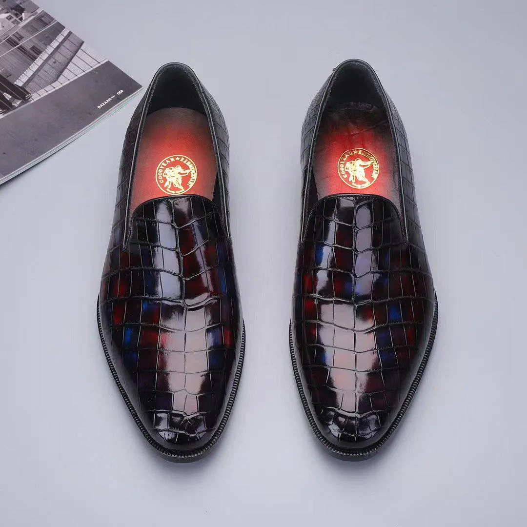 Herb Glow Fashionable Accessory Crocodile Shoes Men's Slip On Loafer Shoes, Genuine Crocodile Leather Casual Dress Shoes Vintage Multi Blue