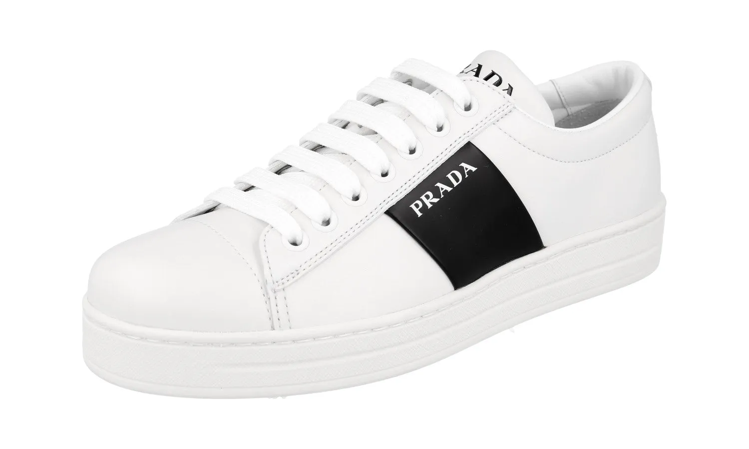 Prada Women's White Leather Downtown Sneaker 1E144N Hexagonal Tread Pattern