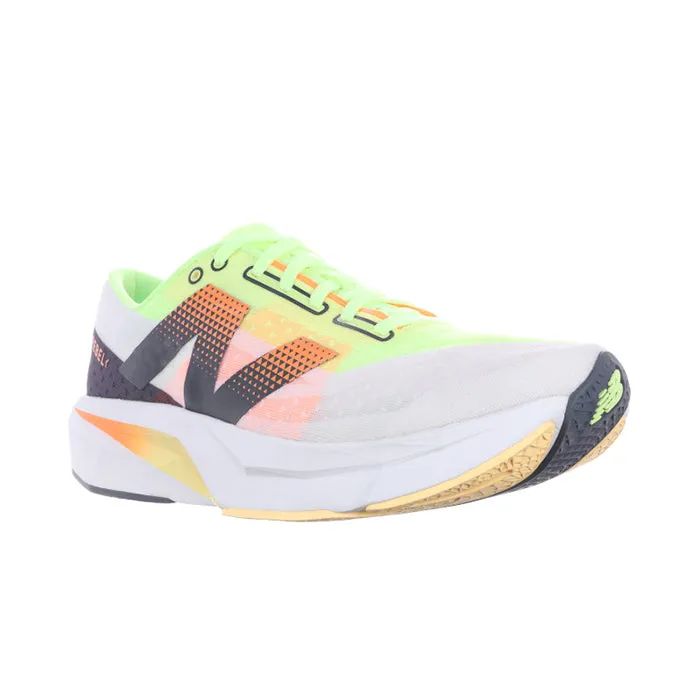Flexible Rubber Sole Mens New Balance FuelCell Rebelv4 in White/Bleached Lime Glo/Hot Mango