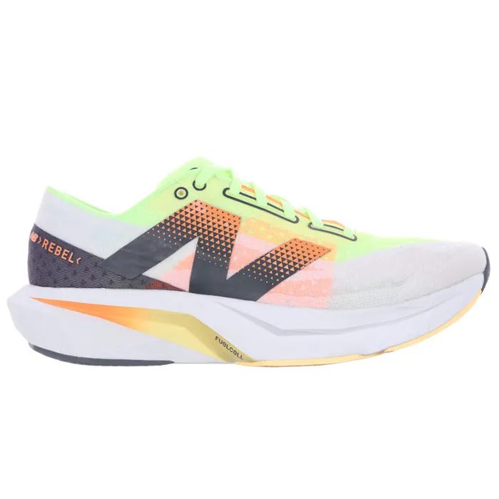Mens New Balance FuelCell Rebelv4 in White/Bleached Lime Glo/Hot Mango Anti Microbial Lining Shock-absorbent arch