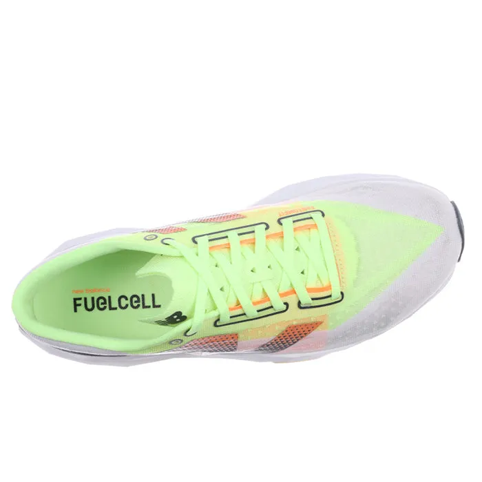 Mens New Balance FuelCell Rebelv4 in White/Bleached Lime Glo/Hot Mango Ultra Responsive ComfortCushion