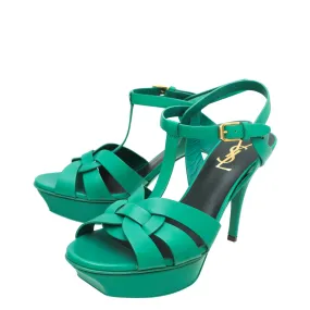 YSL Green Tribute Mid Heel Sandals 38 Embellished