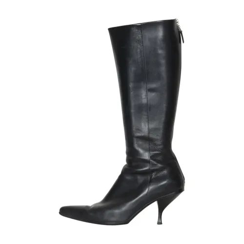 Prada Leather Kitten Heel Boots Shockproof