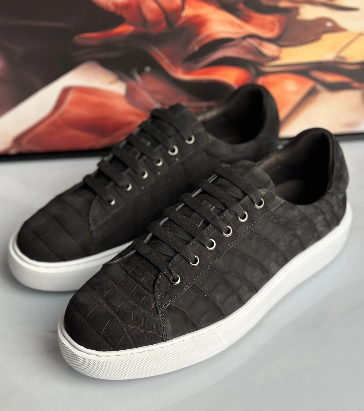 Gallery Time Crocodile Sneakers , Nubuck Genuine Crocodile Leather Sneakers Black