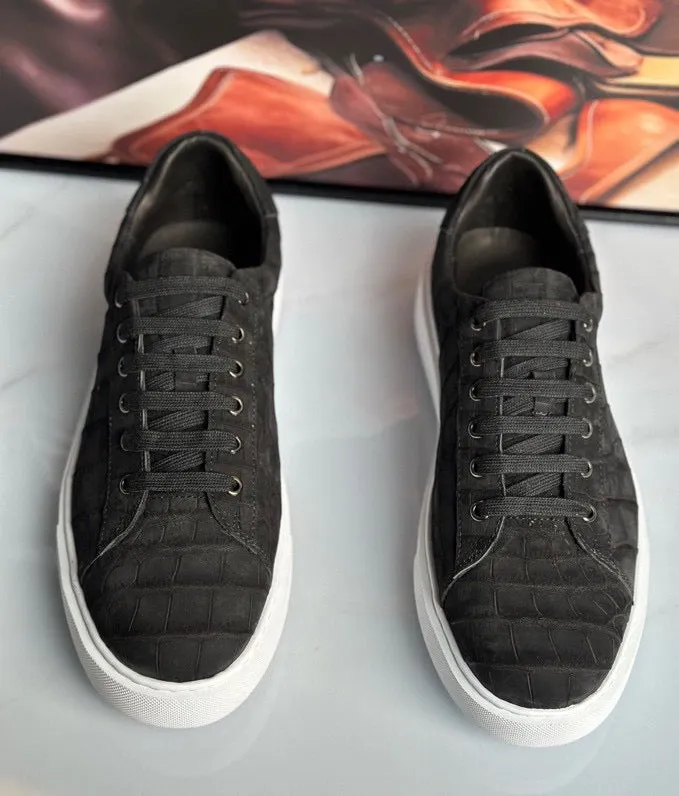 Timeless Design Flats Elastic Gusset Crocodile Sneakers , Nubuck Genuine Crocodile Leather Sneakers Black