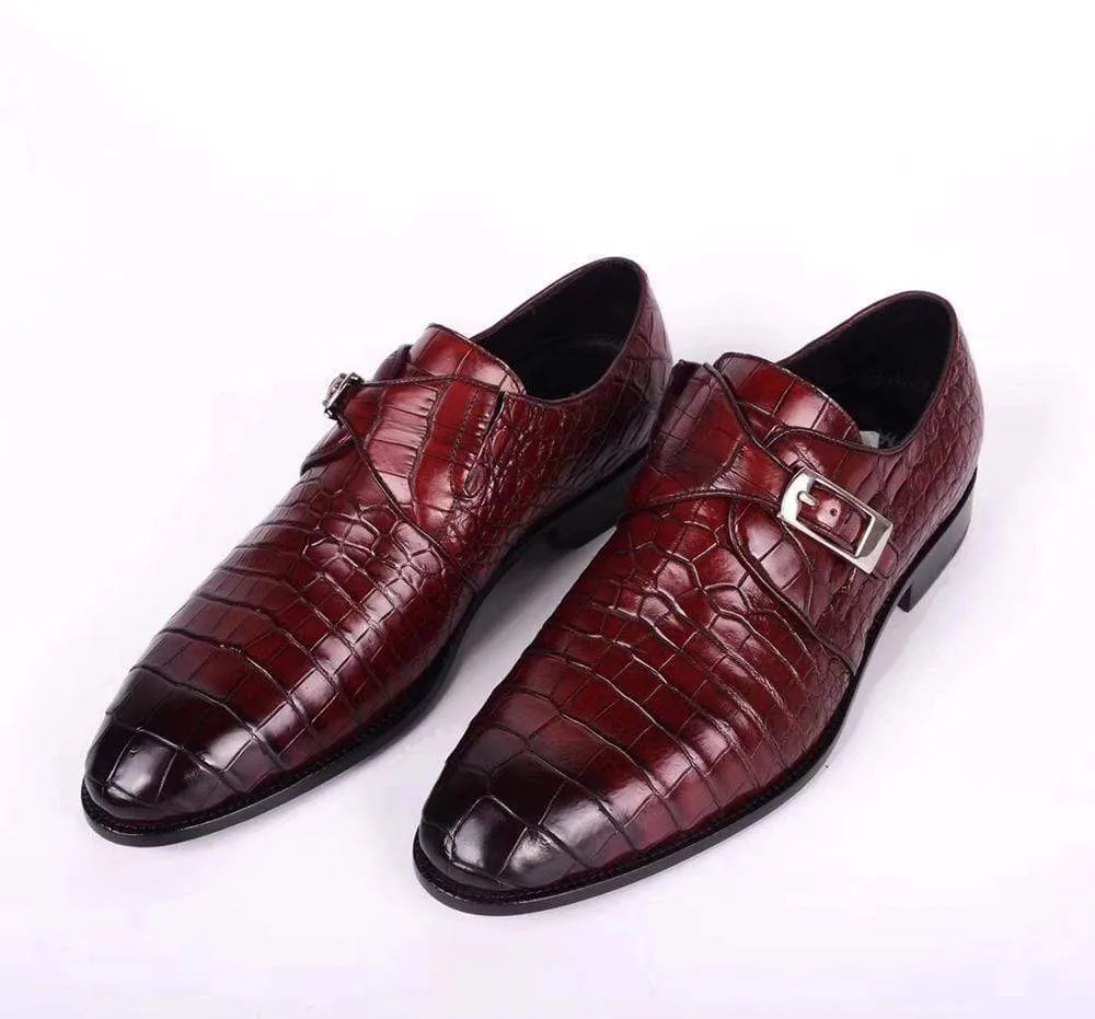 Look View Heel Care Crocodile Shoes Crocodile  Leather  Man Handmade Mens Dress shoes, Mens Monk Shoes, Mens Formal Shoes,Brushed Red