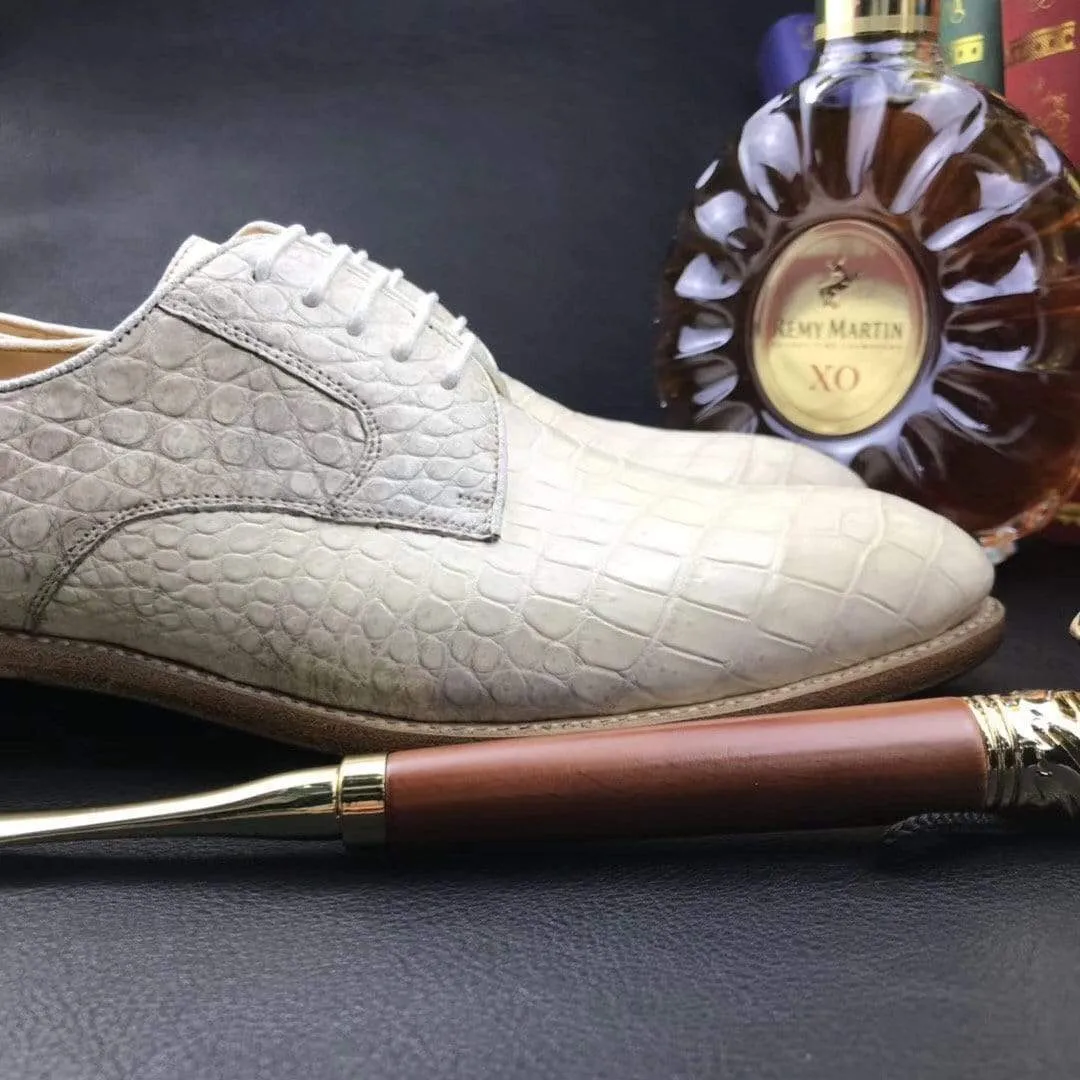 Crocodile Shoes Mens  Genuine Crocodile Leather  Lace Up Shoe White Scent Glow Harvest Walk