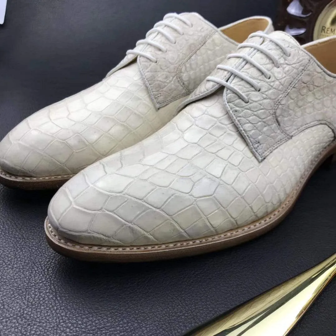 Comfortable Vibe Crocodile Shoes Mens  Genuine Crocodile Leather  Lace Up Shoe White