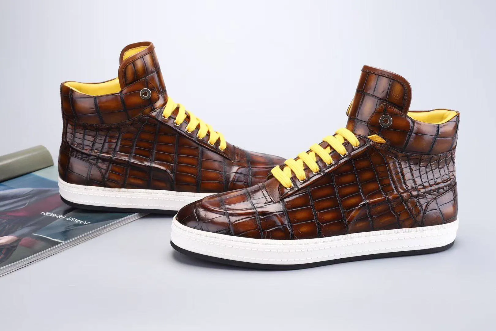 Crocodile Shoes Men's Sneakers , Genuine Crocodile Skin Leather High Heel Sneakers Grey,Brown Holiday Go