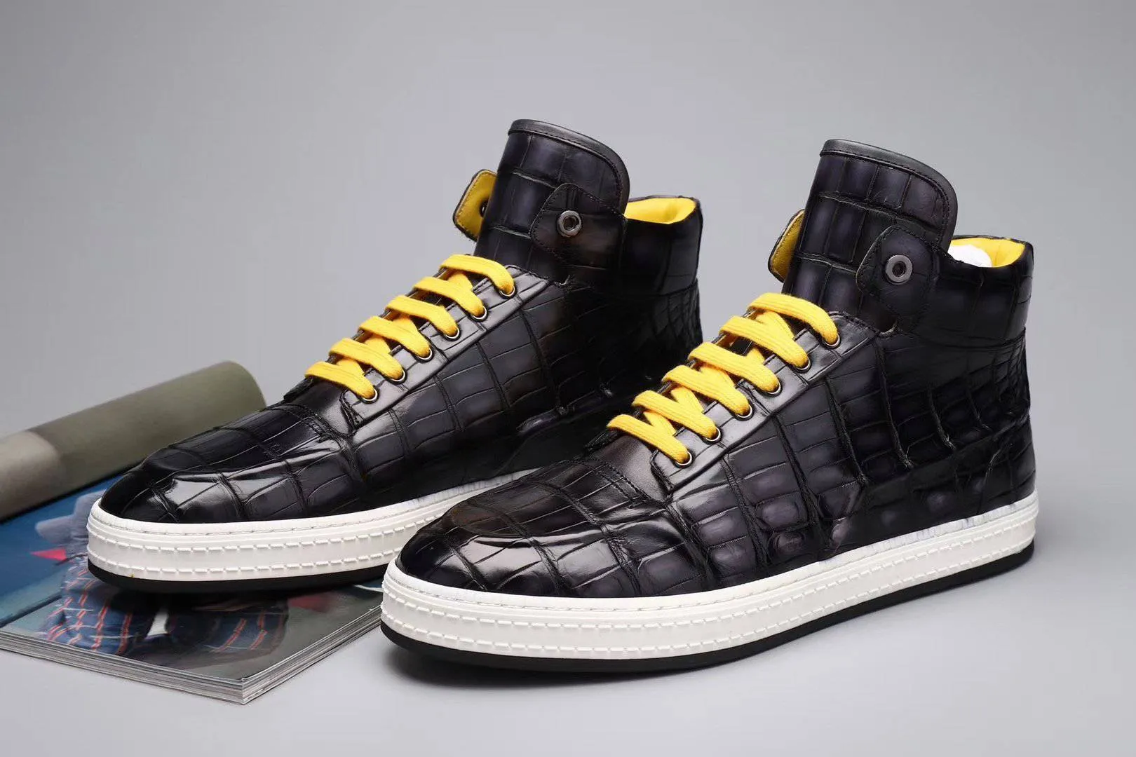 Functional Fit Home Style Crocodile Shoes Men's Sneakers , Genuine Crocodile Skin Leather High Heel Sneakers Grey,Brown