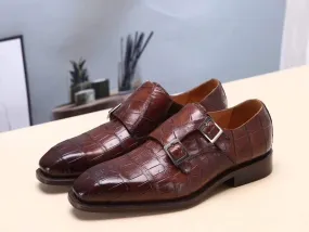 Crocodile Shoes Brown Mens Shoes  Crocodile Belly Leather Monk Double Strap Dress Shoes,Goodyear Sole All-Day Wear