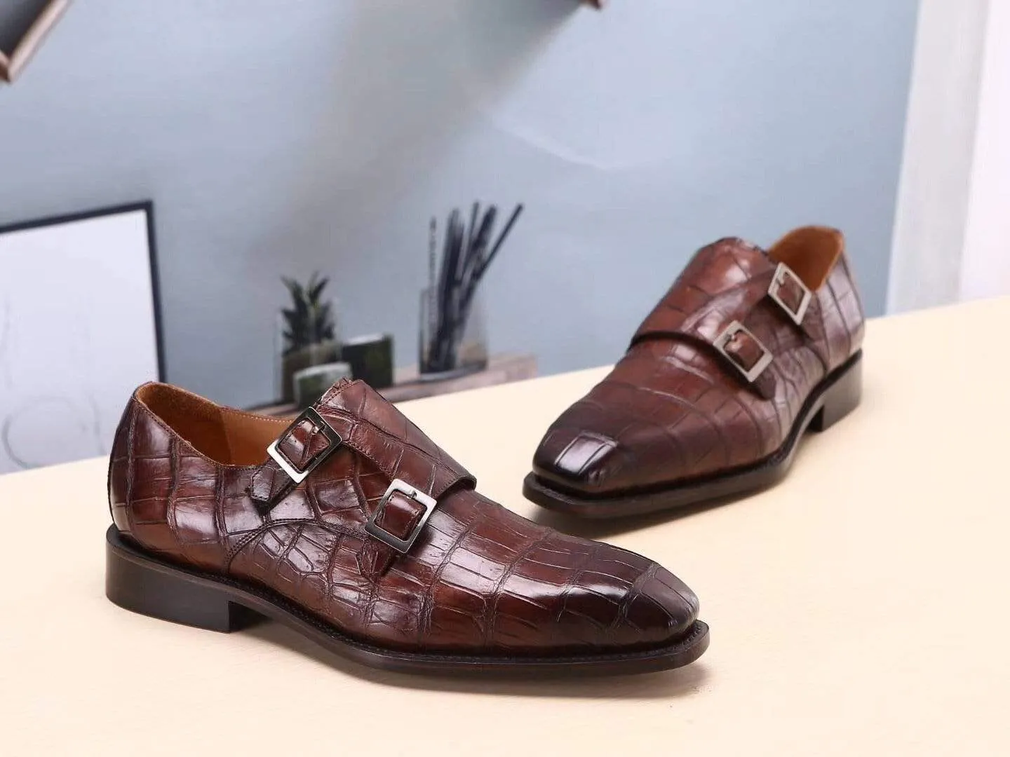 Crocodile Shoes Brown Mens Shoes  Crocodile Belly Leather Monk Double Strap Dress Shoes,Goodyear Sole Street Fair