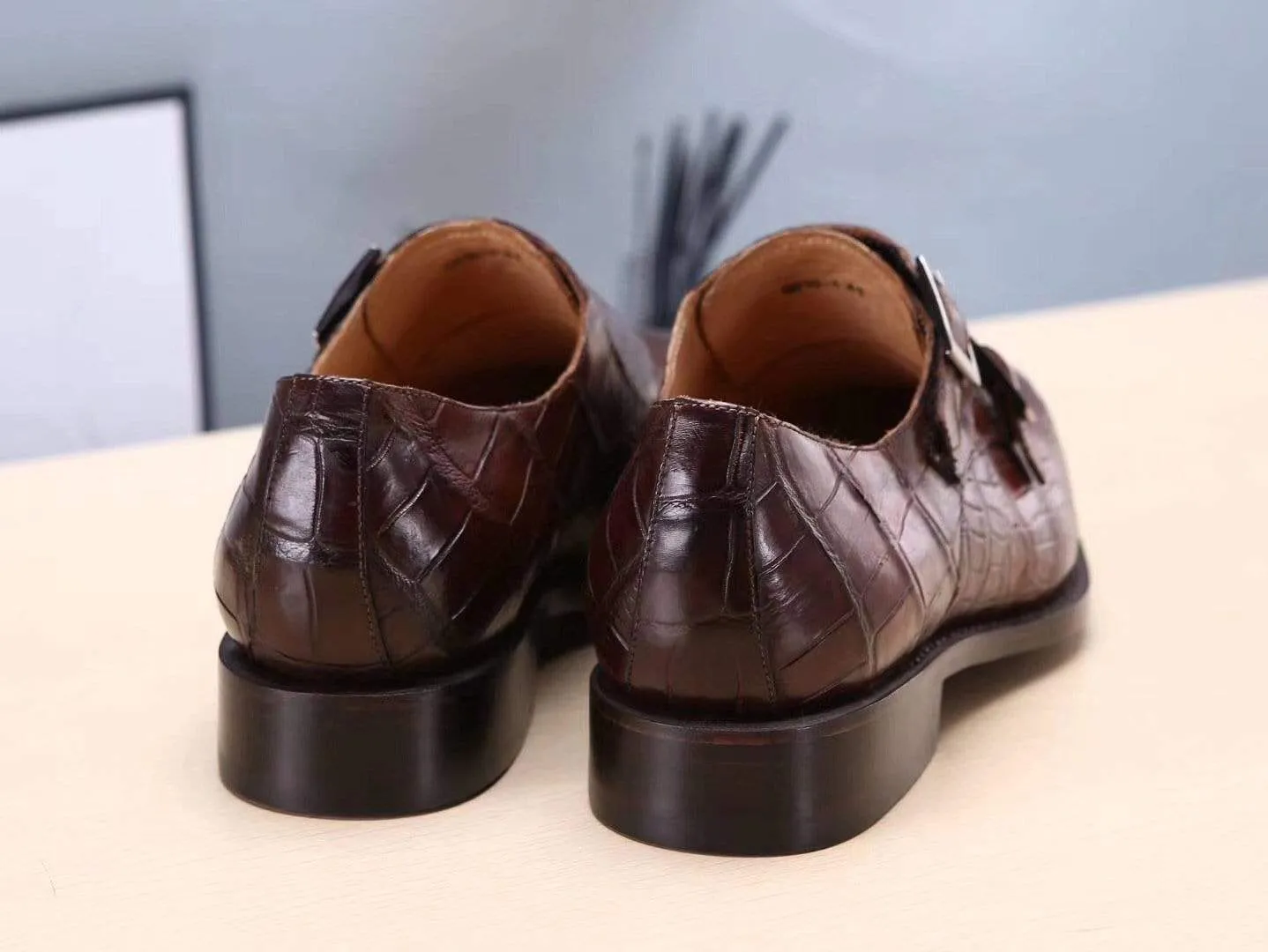 Light Support Shoes Seamless Crocodile Shoes Brown Mens Shoes  Crocodile Belly Leather Monk Double Strap Dress Shoes,Goodyear Sole