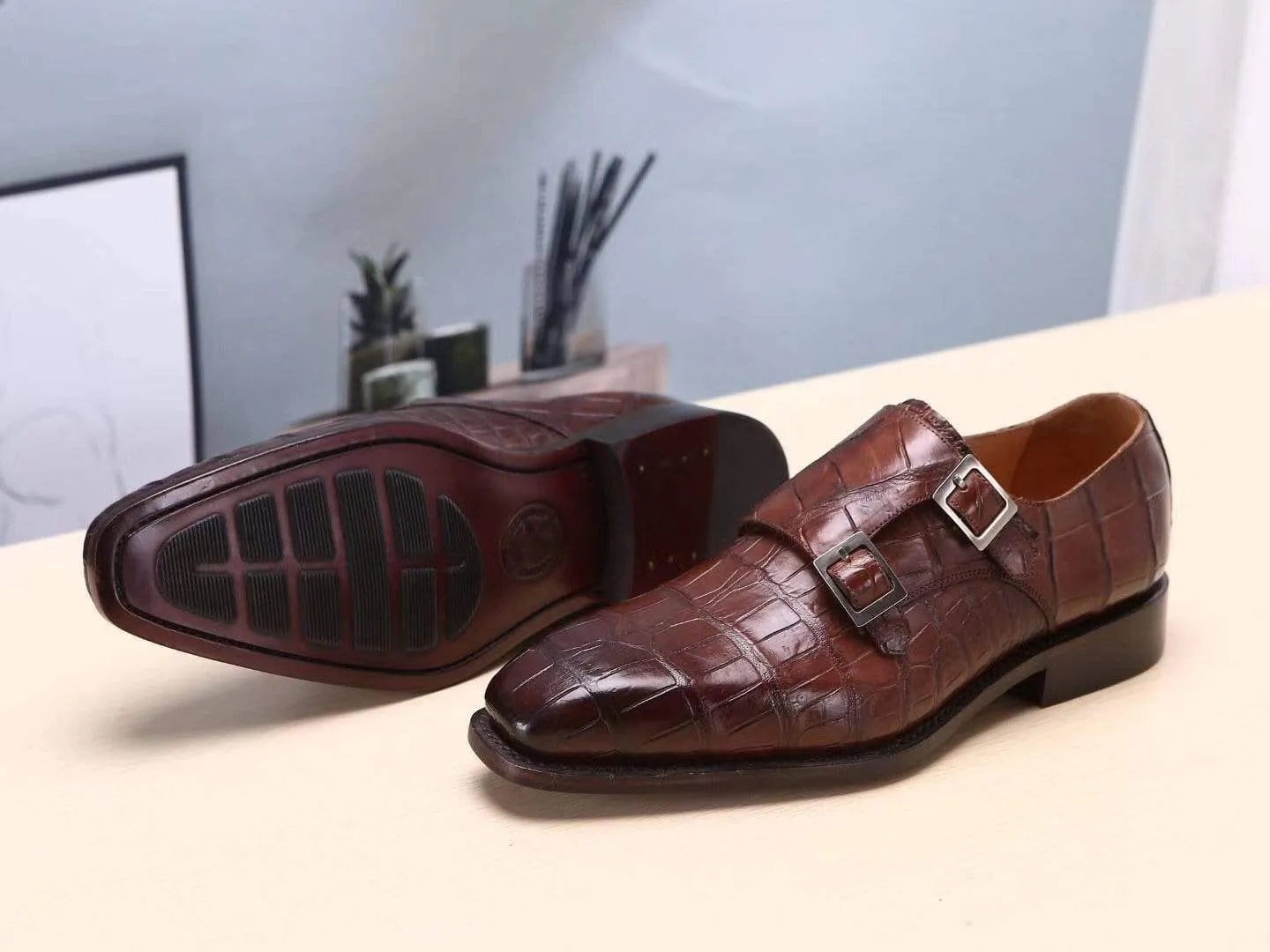 Crocodile Shoes Brown Mens Shoes  Crocodile Belly Leather Monk Double Strap Dress Shoes,Goodyear Sole Sleek Fit