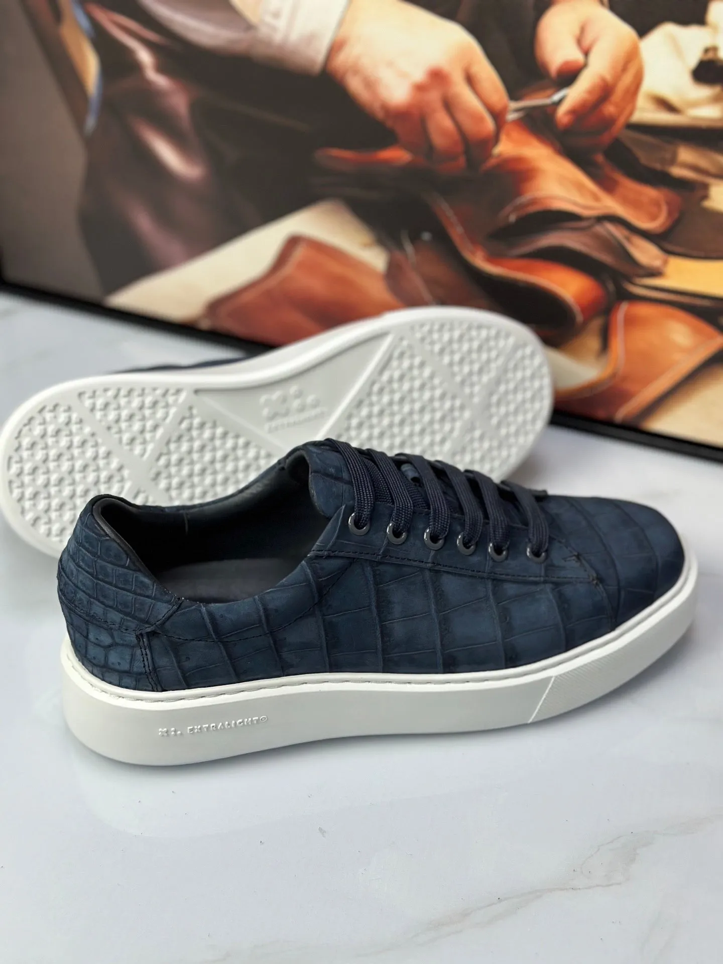 Crocodile Sneakers , Nubuck Genuine Crocodile Leather Sneakers Dark Blue Earth Tone runway look