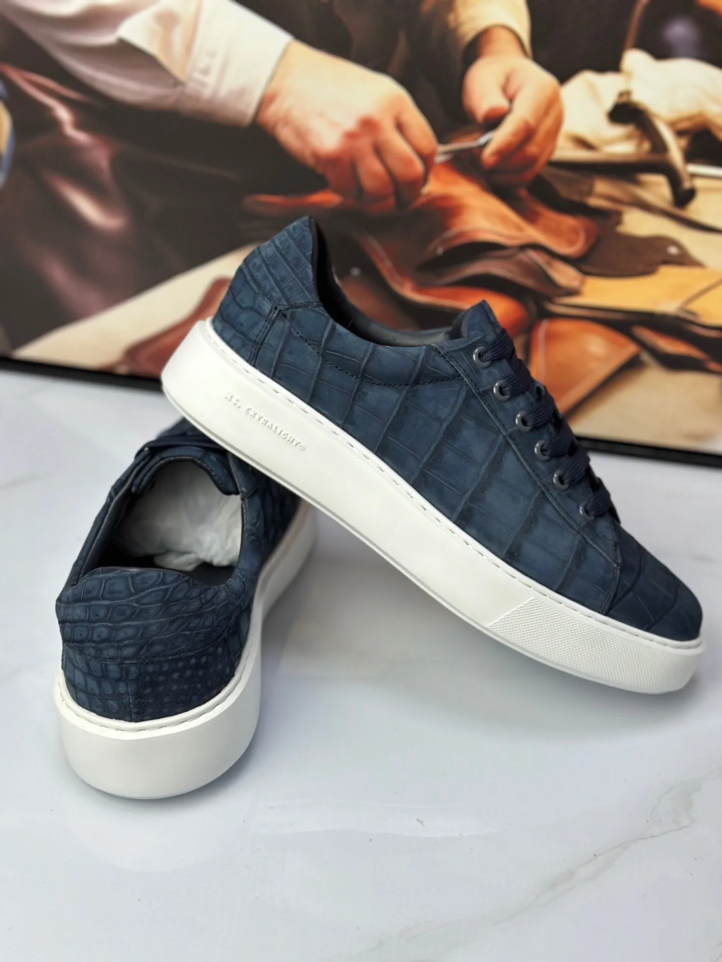 Soft Movement Crocodile Sneakers , Nubuck Genuine Crocodile Leather Sneakers Dark Blue