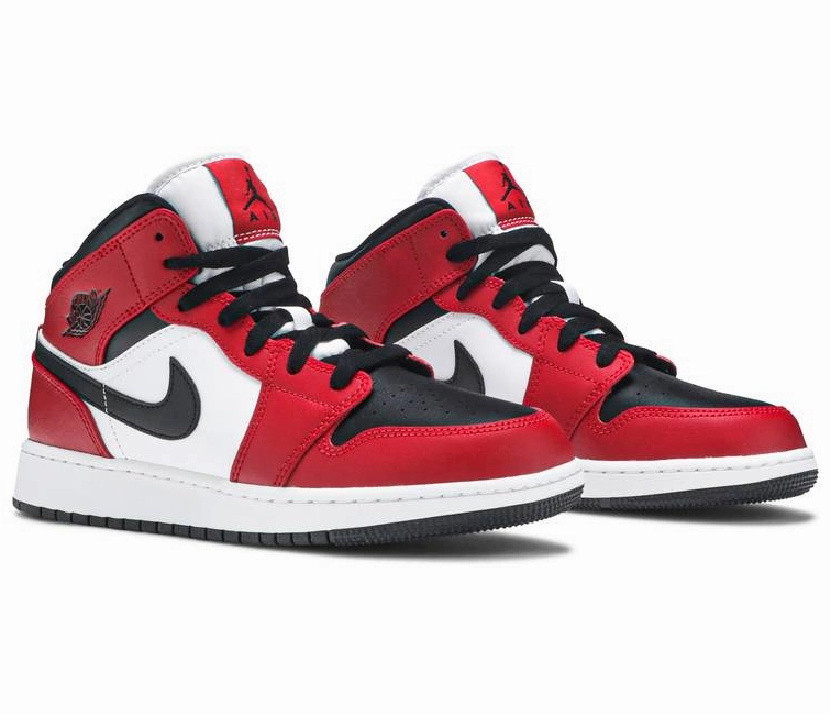 Men's Nike Air Jordan 1 Mid (Chicago Black Toe) running with sunglasses