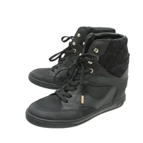 Seamless Fit Work Commute Retro Core Louis Vuitton Black Monogram Suede Cliff Wedge Sneaker 36