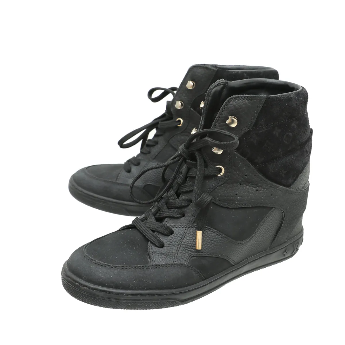 Seamless Fit Work Commute Retro Core Louis Vuitton Black Monogram Suede Cliff Wedge Sneaker 36