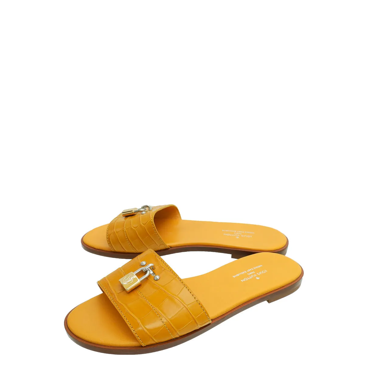 design Earth Base Louis Vuitton Yellow Crocodile Lock It Flat Mules 37