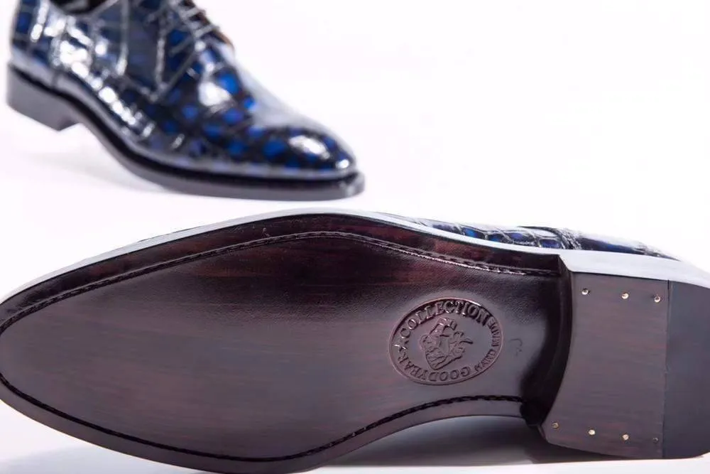 Zip Closure Crocodile Shoes Handmade Men Crocodile Leather Lace-Up Shoes,Mens Dark Blue Crocodile Leather Dress Shoes