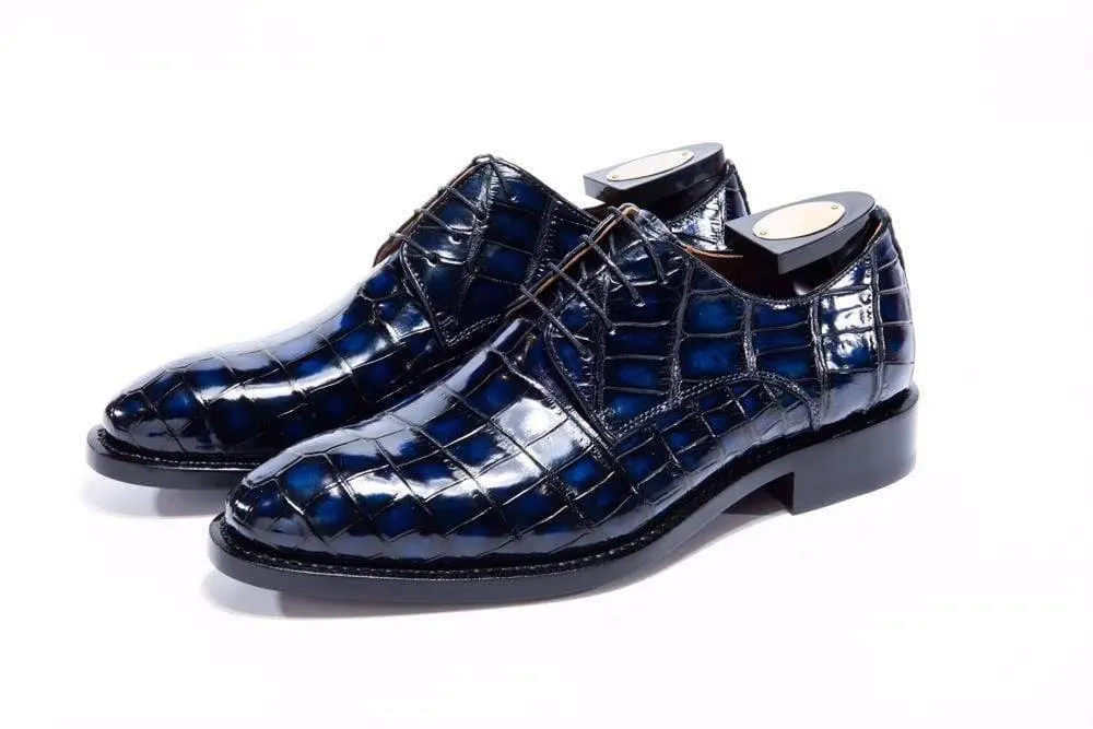 Crocodile Shoes Handmade Men Crocodile Leather Lace-Up Shoes,Mens Dark Blue Crocodile Leather Dress Shoes Foot Support