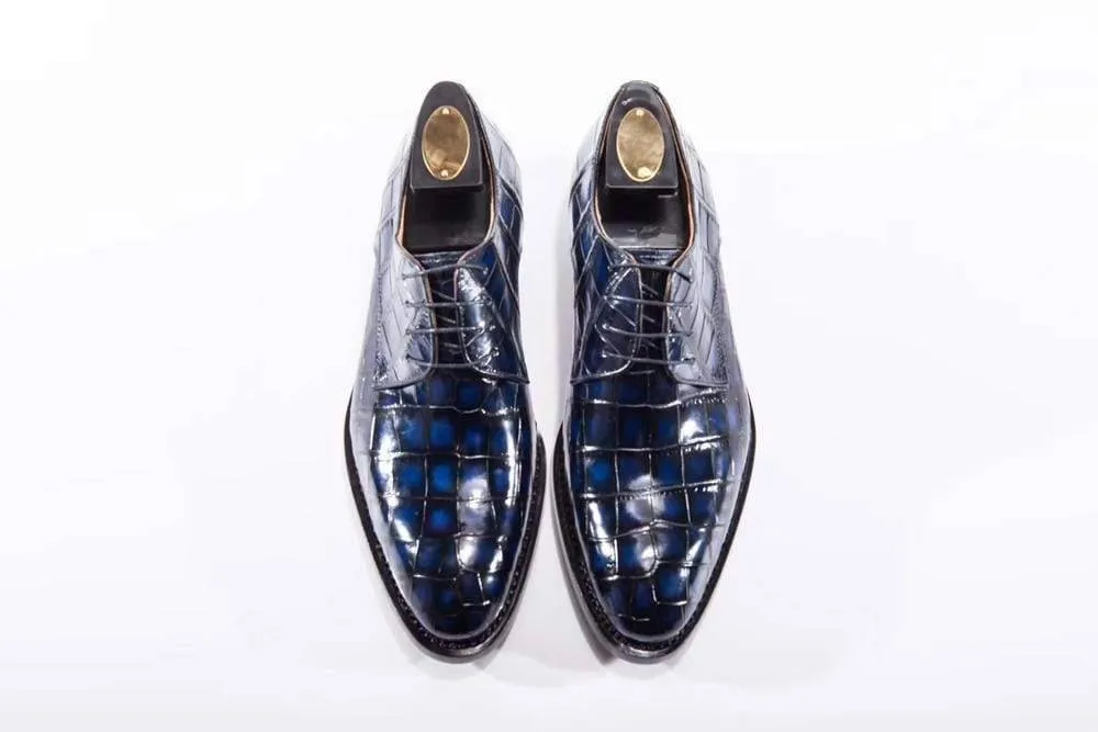 Crocodile Shoes Handmade Men Crocodile Leather Lace-Up Shoes,Mens Dark Blue Crocodile Leather Dress Shoes Classic Footwear